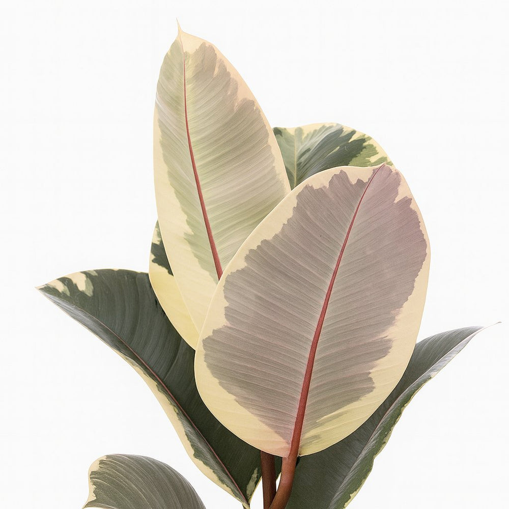 Ficus Elastica Tineke - 50cm, Nahaufnahme der weiß-grün panaschierten Blätter